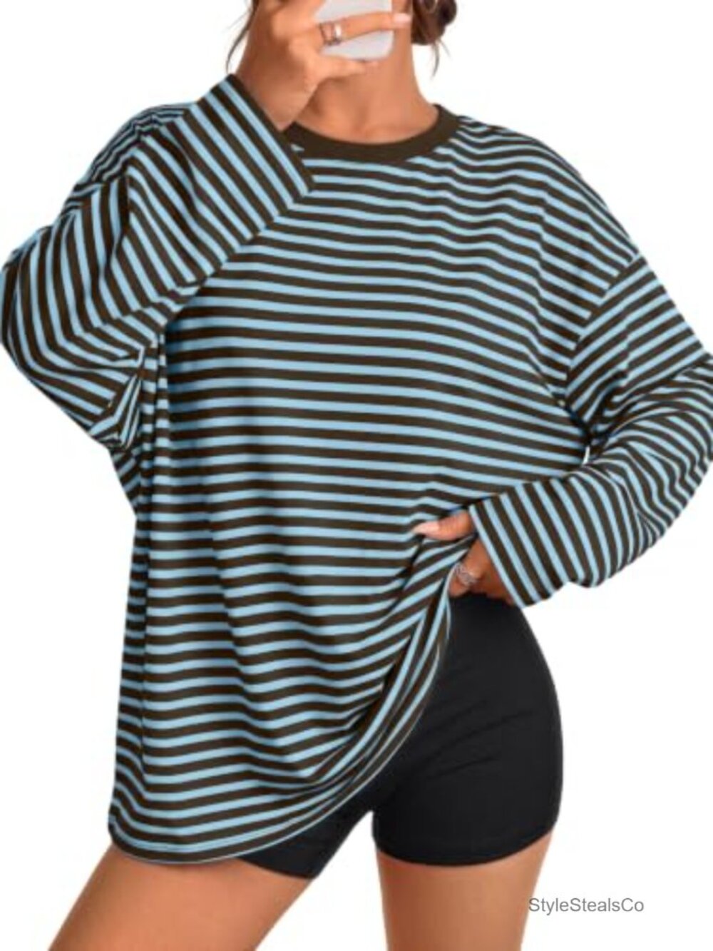 Women's Striped Oversized Long Sleeve Crewneck T-Shirt Casual Pullover Top